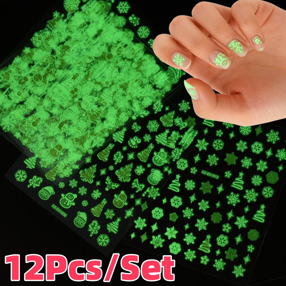 Nail Art Xmas Stickers - 12개/세트 3D 야광 크리스마스 눈송이 네일