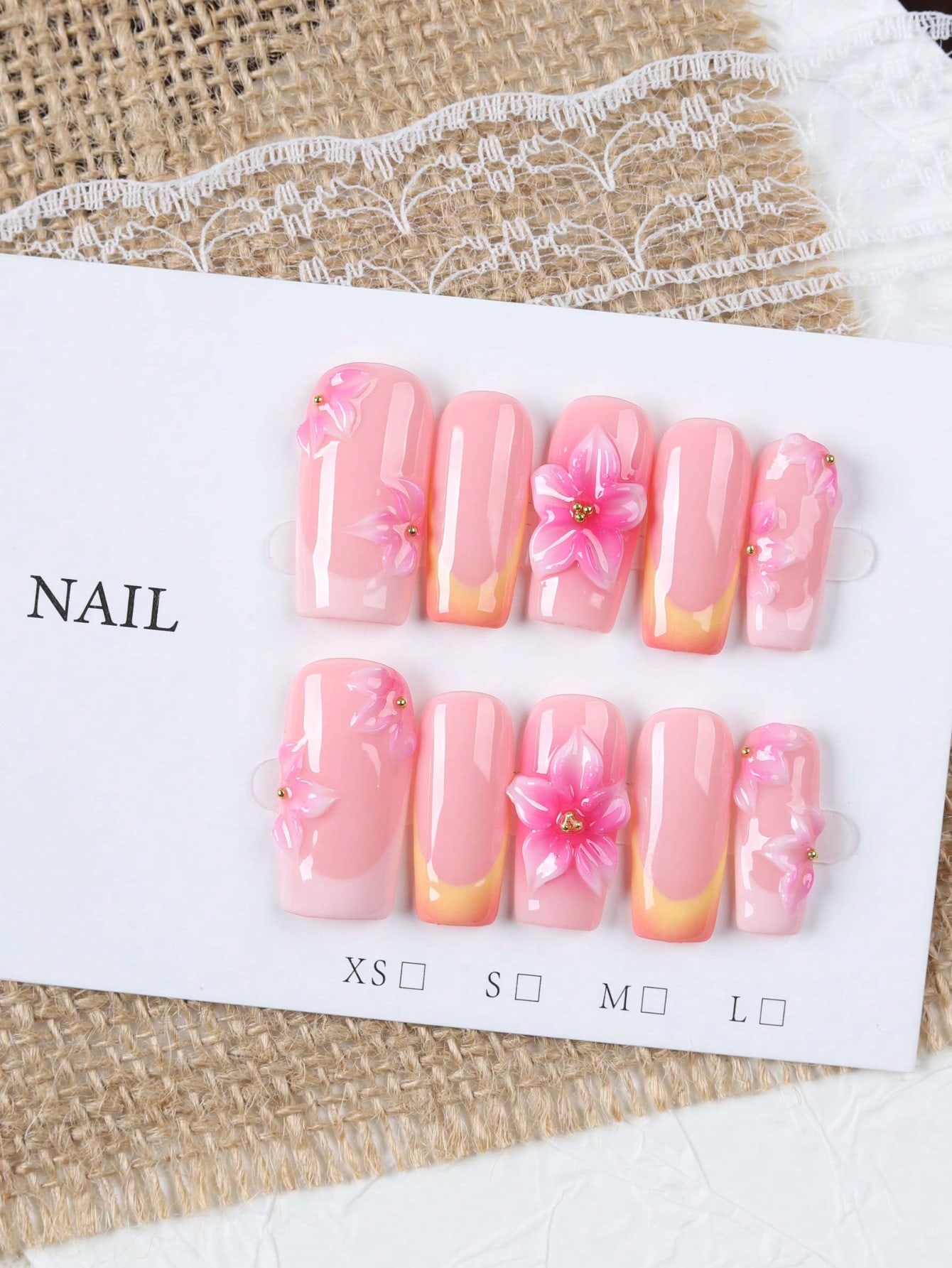 Nail Art Gold - 10개의 중간 길이 직사각형 누드 핑크와