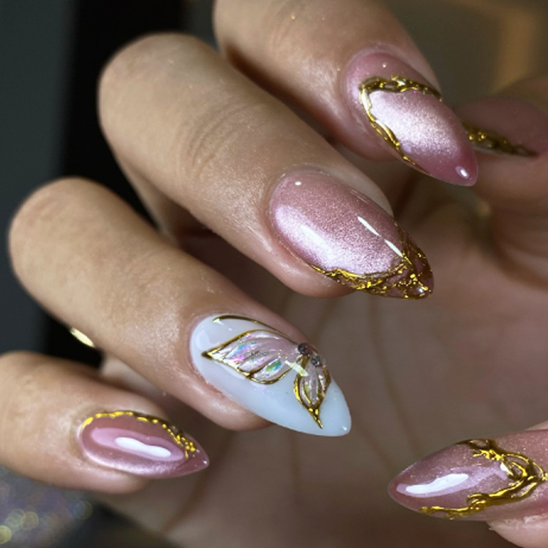 Nail Art Cat Eye Simple - 캣아이 아몬드 모양 가짜 손톱 골든