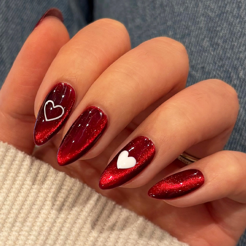 Nail Art Cat Eye Simple - 24개입 심플 레드 캣아이 아몬드 스틱온