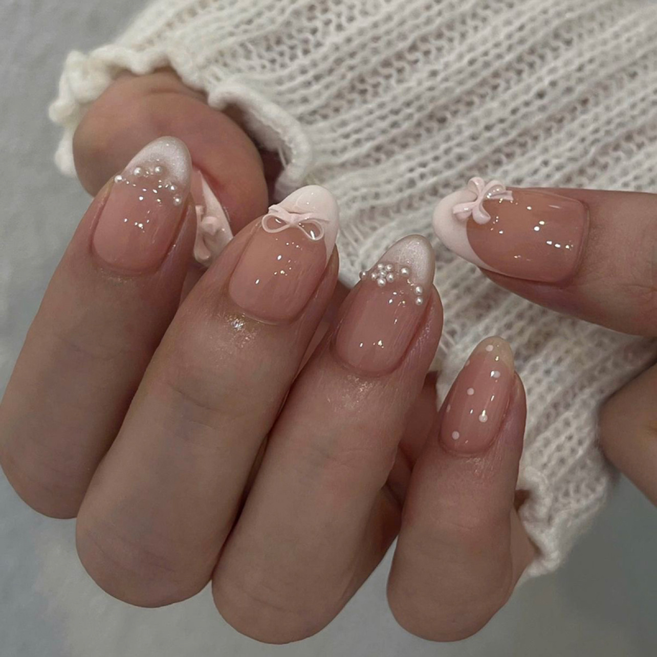 Nail Art Cat Eye Simple - 24개 심플 프렌치 아몬드 프레스온 네일