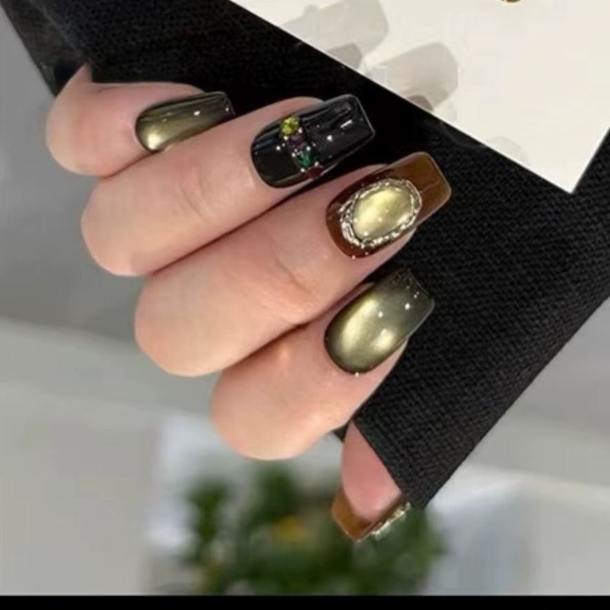Nail Art Cat Eye Simple - 10개 레트로 가을 수제 네일아트 미디엄