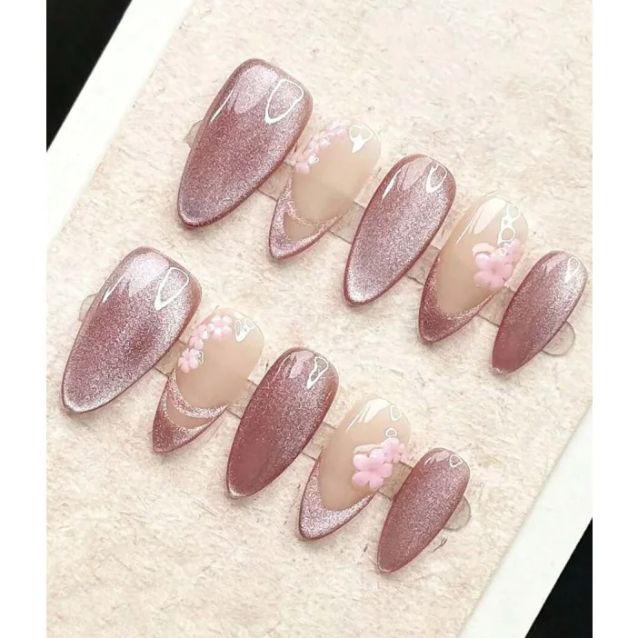 Nail Art Cat Eye Simple - 10개 수제 미디엄 아몬드 웨어 네일,