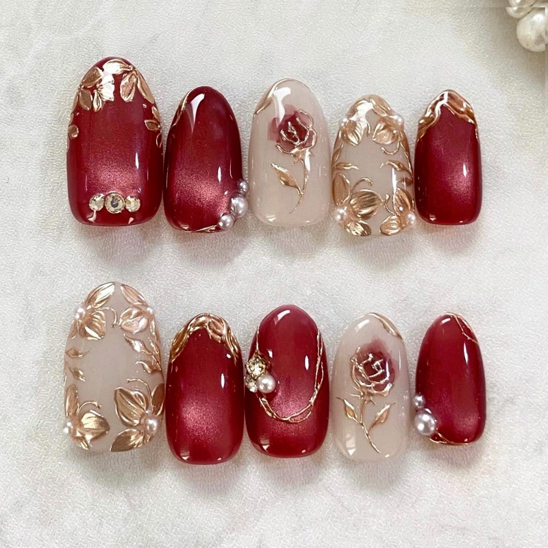 24개 금박 장미 아몬드 모양 스티커형 네일팁 (글루  - Nail Art Cat Eye Simple 리뷰 및 가격