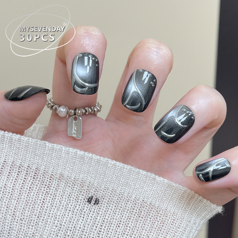고급스러운 느낌의 프랑스 수제 검은색 인조 손톱 30개 - Nail Art Cat Eye Simple 리뷰 및 가격