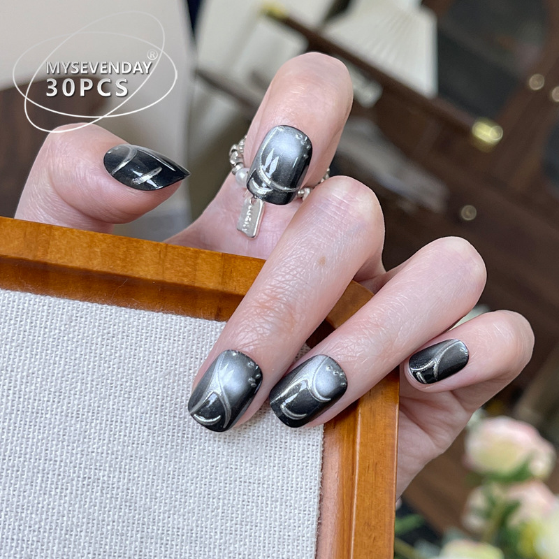 고급스러운 느낌의 프랑스 수제 검은색 인조 손톱 30개 - Nail Art Cat Eye Simple 리뷰 및 가격