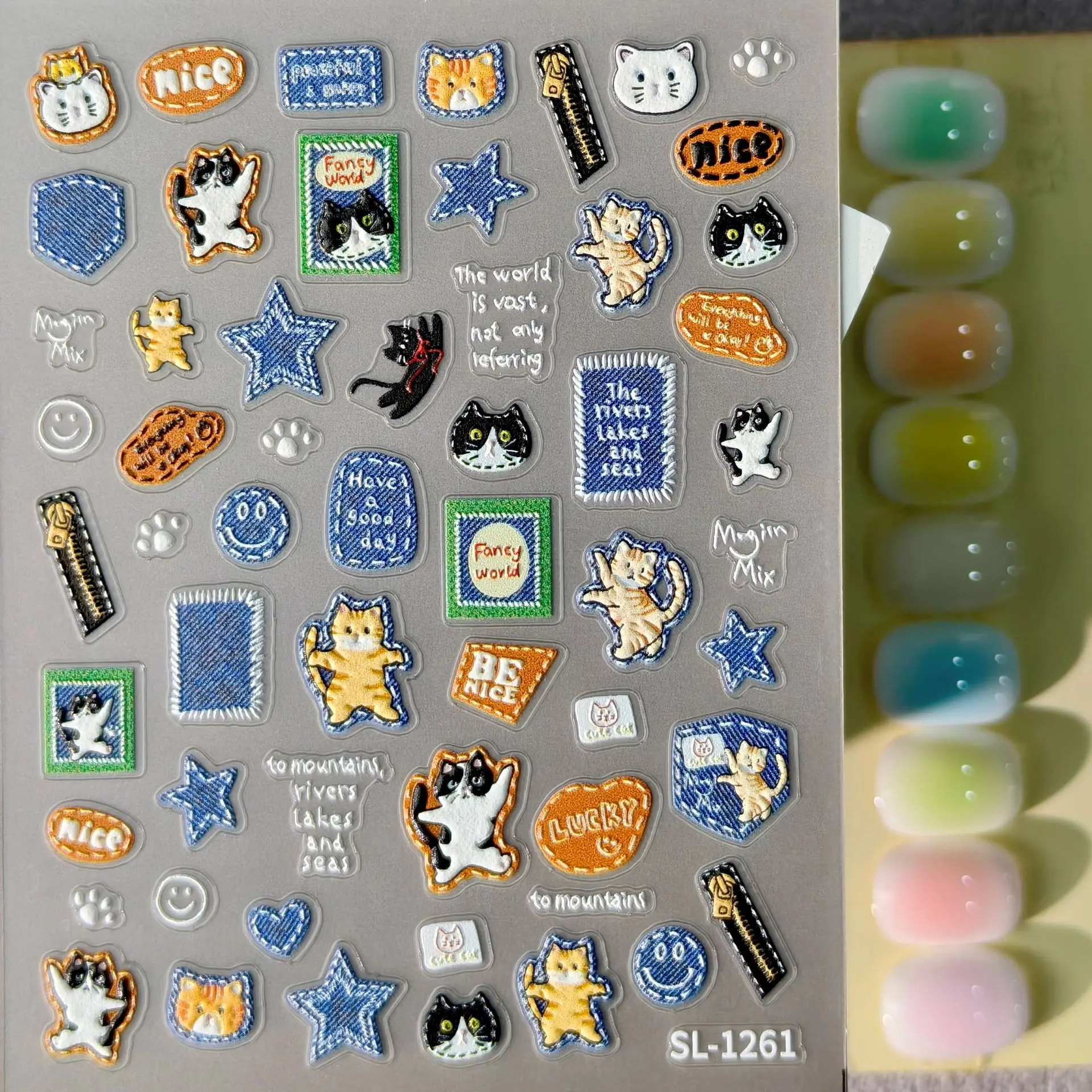 5D 엠보싱 레트로 데님 고양이 스티커 세트 1개, 천 - Nail Art Denim 리뷰 및 가격