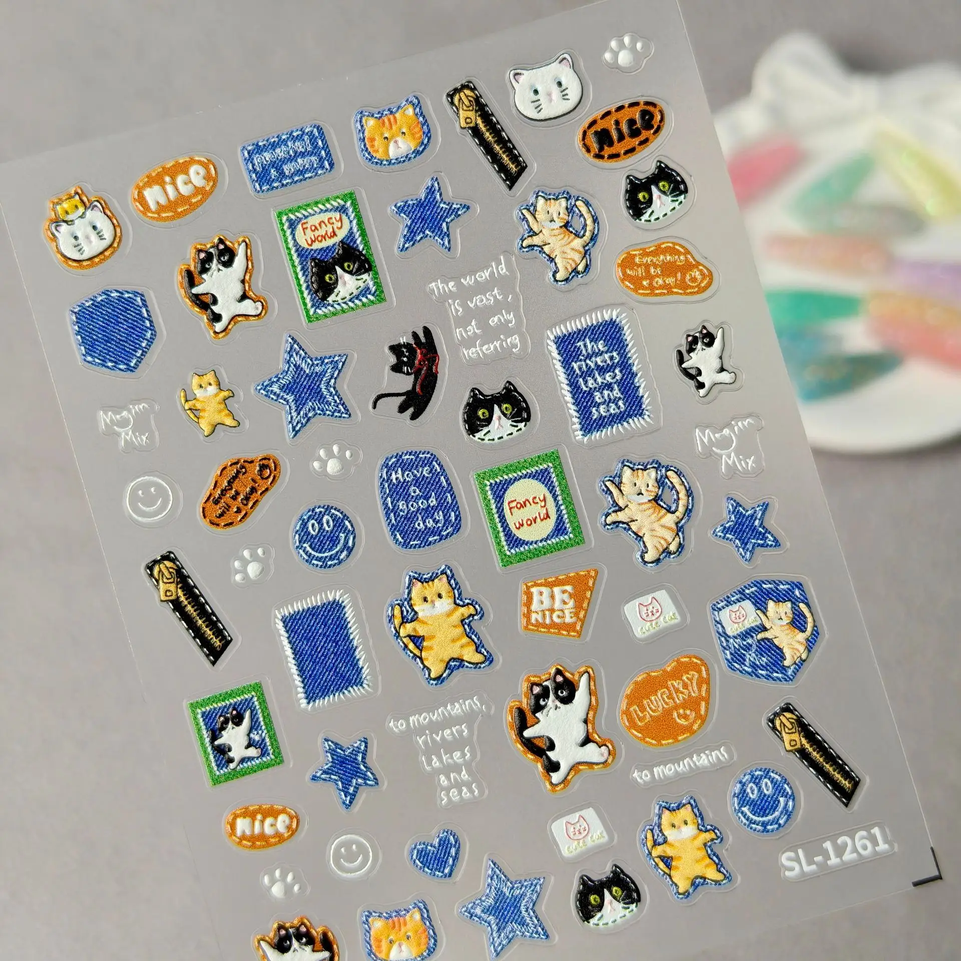 5D 엠보싱 레트로 데님 고양이 스티커 세트 1개, 천 - Nail Art Denim 리뷰 및 가격