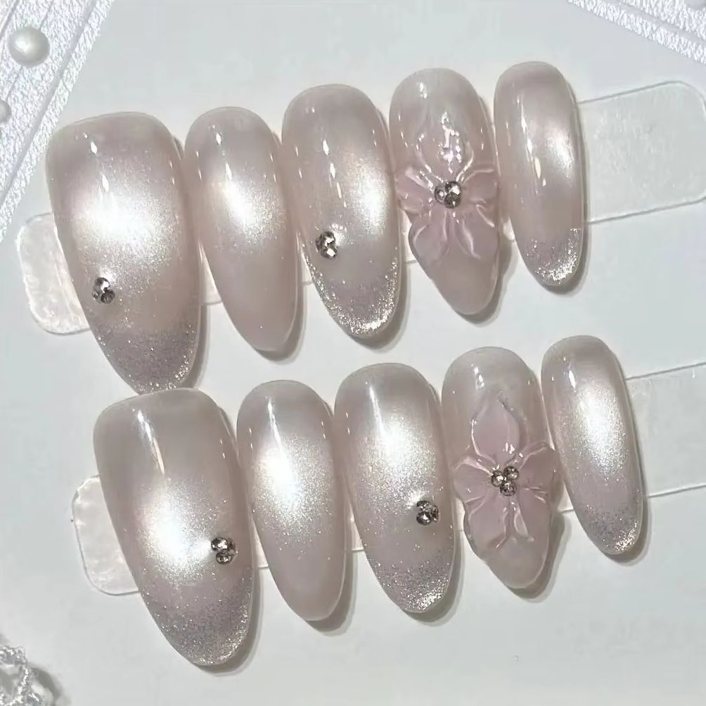 10개입 핑크 스윗 프렌치 아몬드 핸드메이드 가짜 손톱 - Nail Art Cat Eye Simple 리뷰 및 가격