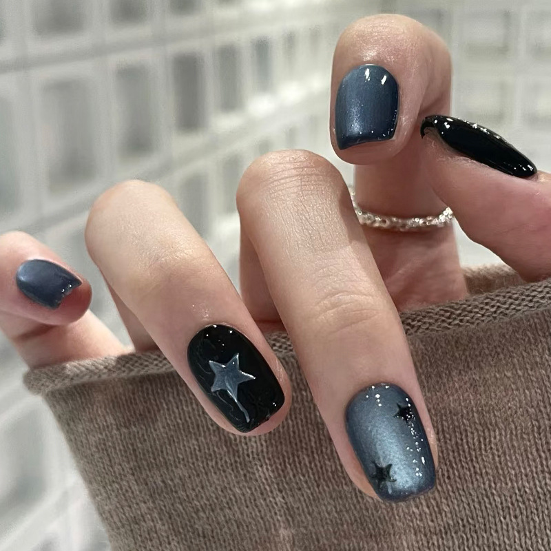 24개 짧은 스퀘어 프레스온 네일 블랙 블루 옴브레 캣 - Nail Art Ombre Glitter 리뷰 및 가격