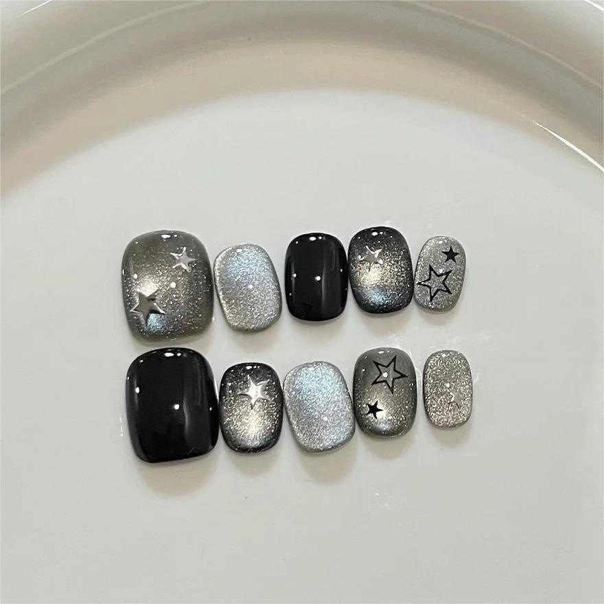 10개입 짧은 블랙 캣아이 스퀘어 핸드메이드 프레스온  - Nail Art Cat Eye Simple 리뷰 및 가격